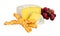 Farmhouse cheddar cheese wheel with red, green grapes and crispy baked cheese bread twists isolated on a white background