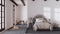 Farmhouse children bedroom in dark and beige tones. Single bed with wall mockup. Parquet floor. Japandi interior design