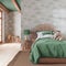 Farmhouse children bedroom in green and beige tones. Single bed with wall mockup. Parquet floor and wallpaper. Boho interior