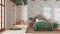 Farmhouse children bedroom in green and beige tones. Single bed with wall mockup. Parquet floor and wallpaper. Japandi interior