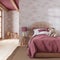 Farmhouse children bedroom in red and beige tones. Single bed with wall mockup. Parquet floor and wallpaper. Boho interior design