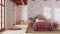 Farmhouse children bedroom in red and beige tones. Single bed with wall mockup. Parquet floor and wallpaper. Japandi interior