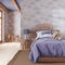 Farmhouse children bedroom in violet and beige tones. Single bed with wall mockup. Parquet floor and wallpaper. Boho interior