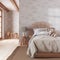 Farmhouse children bedroom in white and beige tones. Single bed with wall mockup. Parquet floor and wallpaper. Boho interior