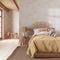 Farmhouse children bedroom in yellow and beige tones. Single bed with wall mockup. Parquet floor and wallpaper. Boho interior