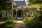 farmhouse with covered porch and rocking chairs, surrounded by lush greenery