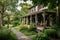 farmhouse with covered porch and rocking chairs, surrounded by lush greenery