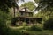 farmhouse with covered porch and rocking chairs, surrounded by lush greenery