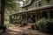 farmhouse with covered porch and rocking chairs, surrounded by lush greenery