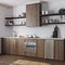 Farmhouse dark wooden kitchen with appliances in white and beige tones. Cabinets and parquet floor. Japandi interior design