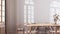 Farmhouse dining room with bleached wooden table and chairs in white and beige tones. Plaster walls, boho interior design