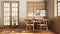 Farmhouse hallway with dining room in white and yellow tones. Wooden table with bench and chairs. Vintage interior design