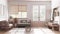 Farmhouse hallway and living room in white and beige tones with frame mockup. Bleached wooden bench, coat rack and sofa. Glass