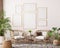 Farmhouse interior living room, gallery wall frame mockup in white room with wooden furniture and lots of green plants