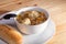 Farmhouse kitchen chicken stew with dumplings. Hot healthy winter food.