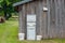 At the farmhouse outbuildings walls arranged Old fashioned rustic washstand.