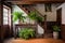 farmhouse-style foyer with historic wooden beam and potted ferns