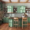 Farmhouse vintage wooden kitchen in green and beige tones with island and stools. Parquet floor, shelves and cabinets. Colonial