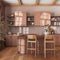 Farmhouse vintage wooden kitchen in orange and beige tones with island and stools. Parquet floor, shelves and cabinets. Colonial
