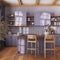 Farmhouse vintage wooden kitchen in purple and beige tones with island and stools. Parquet floor, shelves and cabinets. Colonial