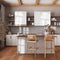 Farmhouse vintage wooden kitchen in white and beige tones with island and stools. Parquet floor, shelves and cabinets. Colonial
