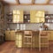 Farmhouse vintage wooden kitchen in yellow and beige tones with island and stools. Parquet floor, shelves and cabinets. Colonial