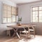 Farmhouse wooden dining room in white and bleached tones. Rustic table with chair and bench. Wallpaper and parquet floor. Wabi