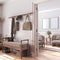 Farmhouse wooden hallway and living room in white and bleached tones. Bench, sofa and coat rack. Frame mockup, nordic interior