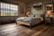 A farmhousestyle bedroom featuring unfinished wood floors a rattan bedframe and rustic paintings of Mount Fuji.. AI