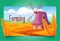 Farming banner with old windmill on wheat field