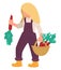 Farming character with ripe carrots in woven basket