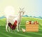 Farming goat rooster chick basket with fruits and vegetables