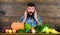 Farming and harvesting concept. Man bearded look at harvest wooden background. Farmer with homegrown crops on table