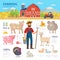 Farming infographic elements. Farmer, farm animals, equipment, barn, tractor, landscape large set of vector flat