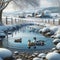 Farming Landscape Scene Stream Pintail Ducks Weathered Barn Snowy Winter Farmyard Sunrise Country AI Generated