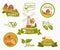 Farming landscape stickers. Vector illustration with barn, houses and country yard. American farm in the summer.