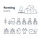 Farming products icons set, farm house, fruit vegetables, cow milk, meat