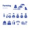 Farming products icons set, farm house, fruit vegetables, cow milk, meat