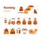 Farming products icons set, farm house, fruit vegetables, cow milk, meat