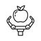 Farming robot logo. Linear icon of apple and robotic claw. Black simple illustration of automation, harvesting machinery,