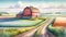 Farming Scene Pastel Colored Watercolor Springtime Barn Country AI Generated Painting