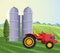 Farming silo storage tractor tree mountains filed landscape