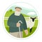 Farming today Elderly shepherd grazes a flock of sheep in a green meadow Organic farm Cartoon Flat Vector Illustration Banner