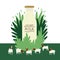 Farming today A milk bottle on floral background Boer goats grazing on a green meadow Cartoon flat vector illustration Countryside