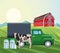 Farming truck barn cow canister milk sunny day