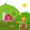 Farmland landscape in flat style, vector illustration. Friendly farmer cartoon character, green summer hills, grazing