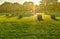 Farmland meadow with straw bale at sunset. French Brittany