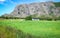 Farmland in Norway with bales of hay