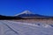 Farmland of Oshino Village snowy blue sky and Mt.Fuji Japan
