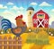 Farmland with rooster on fence